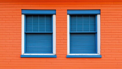 Vibrant Orange Brick Wall with Two Blue Windows and Shutters: A Study in Architectural Color Contrast