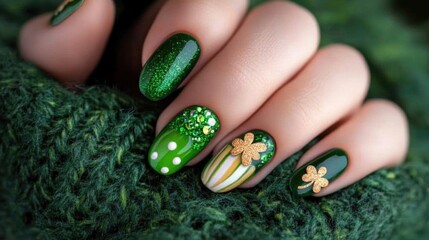 Green manicure with shamrock nail art design on knitted fabric. Saint Patrick's Day, St Paddy's Day, St Patty's Day - Irish National Holiday and Cultural Celebration