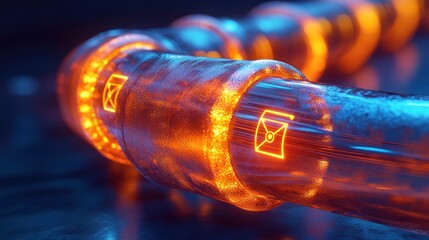 Glowing pipes transmit emails, digital data flow concept.
