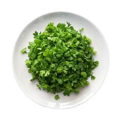 Fresh green lettuce leaves on white plate isolated on transparent background