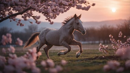 Fototapeta premium A horse gallops through a field of blooming cherry blossoms at sunset.