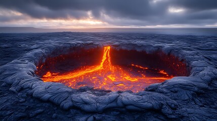 Molten Lava Flows Into Dark Volcanic Crater During Sunset