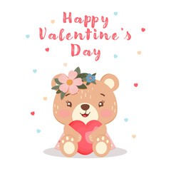 Cute bear with flowers holding a red heart, surrounded by scattered small hearts. Vector illustration for Valentine’s Day cards, love-themed designs, and decorations