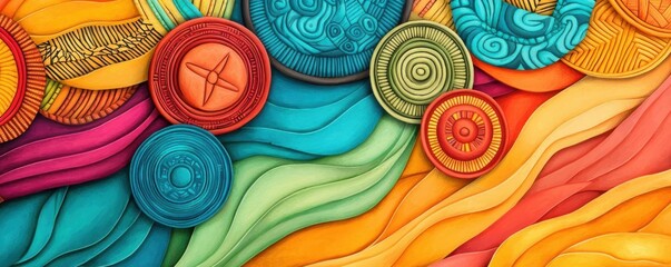 An artistic illustration of African symbols of wisdom, including the Adinkra symbols of Ghana, incorporated into vibrant patterns