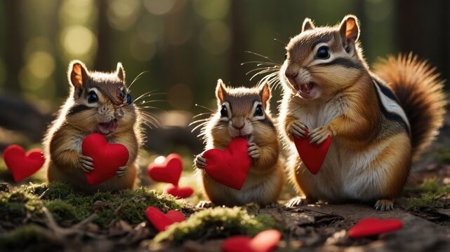 Three chipmunks hold red hearts in a forest, conveying a playful, affectionate theme.