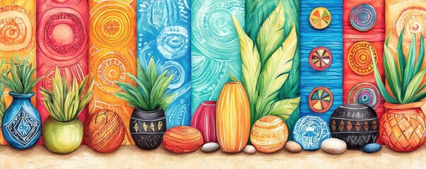 An artistic illustration of African symbols of wisdom, including the Adinkra symbols of Ghana, incorporated into vibrant patterns