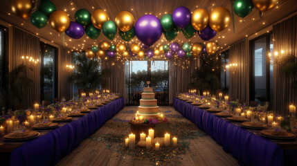 Fototapeta premium Elegant birthday celebration in lavish banquet hall with colorful balloons and candlelit ambiance. Mardi Gras, Fat Tuesday, Carnival Season. Bright Parades, Masks, Festive Costumes, Vibrant Atmosphere