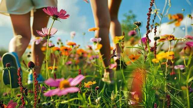 close-up of children's legs on the background of a field of flowers. Selective focus
