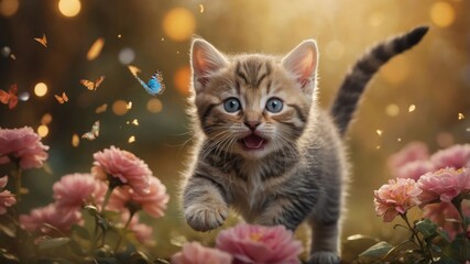 Obraz premium A playful kitten surrounded by flowers and butterflies in a magical setting.