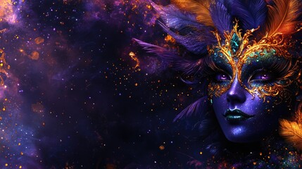 Mysterious fantasy woman in colorful mask with feathers and glittering background. Mardi Gras, Fat Tuesday, Carnival Season. Bright Parades, Masks, Festive Costumes, Vibrant Atmosphere