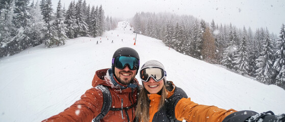 Happy couple enjoying a snowy adventure while taking a selfie on a ski slope at a winter resort