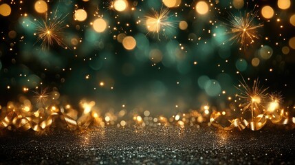Naklejka premium Festive golden lights and sparkling bokeh with decorative ribbons on dark background