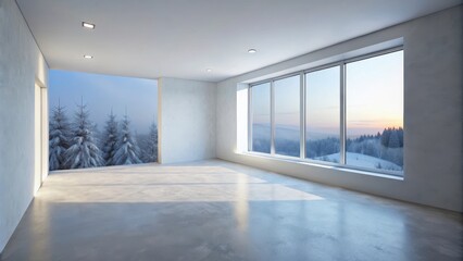 Fototapeta premium Empty room with large windows showcasing a winter landscape