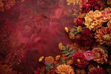 A close-up view of a colorful fall flower arrangement on a richly patterned, burgundy fabric, A rich maroon backdrop with hints of orange and pink