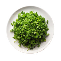 Fresh green lettuce leaves on white plate isolated on transparent background