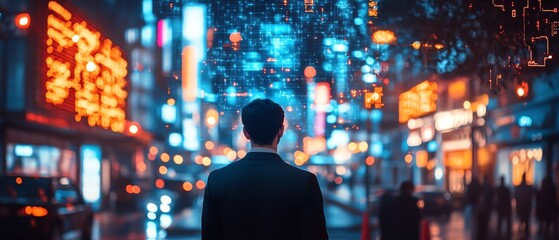 Futuristic smart city street with a businessman looking confused