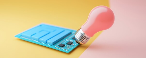 A light bulb is creatively placed on a blue circuit board against a pastel background, symbolizing innovation and technology.