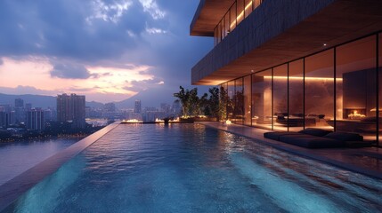 Obraz premium Luxury Penthouse Infinity Pool with City Skyline View at Sunset