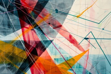 Fototapeta premium An abstract painting with a vibrant, colorful composition featuring intersecting lines and geometric shapes, An abstract representation of networking and collaboration at a conference