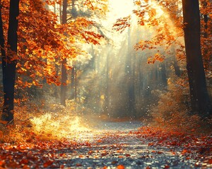 Fototapeta premium Mystical autumn forest with small mushrooms growing on the damp moss