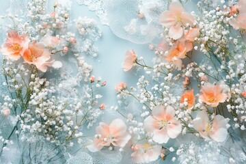 Frozen Peach Blossoms and Baby's Breath: A Stunning Floral Ice Art Display