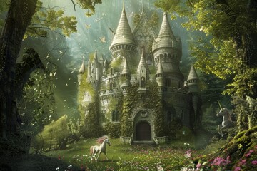 A fairytale castle with stone towers and lush green vines sits in the middle of a magical forest, A whimsical fairy tale castle in a magical forest filled with unicorns and fairies