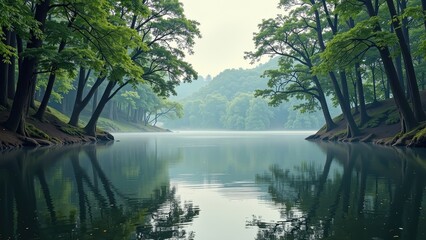 Obraz premium Calm lake cradled by lush trees; reflections dance on its serene surface, capturing a tranquil woodland essence in every rippleless moment. Sunlight filters through leaves, casting dapples on gentle w