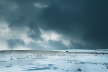 Obraz premium A winter storm brews on the horizon over a snowy field, with a lone tree standing in the distance, A winter storm brewing on the horizon