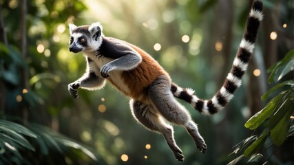 Fototapeta premium A lemur leaps gracefully through a lush, green environment, showcasing its agility and beauty.