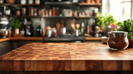 Warm wooden kitchen countertop with herbs and spices in a cozy home setting