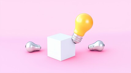A modern light bulb emerging from a white cube against a pink background, symbolizing creativity and innovation.