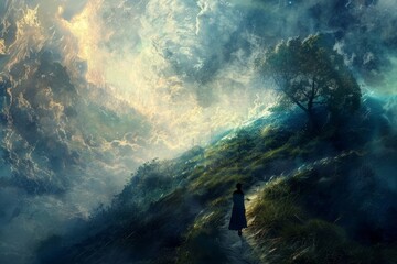 Obraz premium A lone figure walks a winding path up a green hillside towards a breathtaking sky filled with swirling clouds, Inspiring wonder and awe