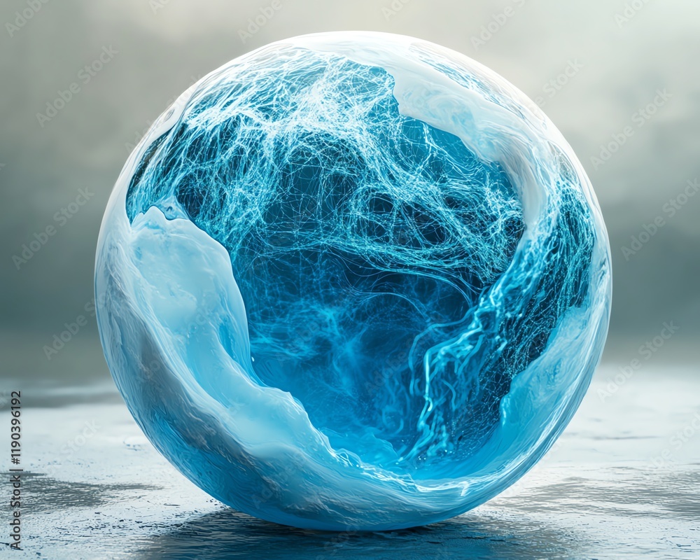 Aufkleber generative aiinspired world sphere with intricate data networks, glowing glass hologram effect, futu