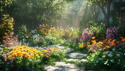 Garden filled with bright flowers and flourishing greenery under the sunlight, natural textures and colors, soft sunlight, HD resolution