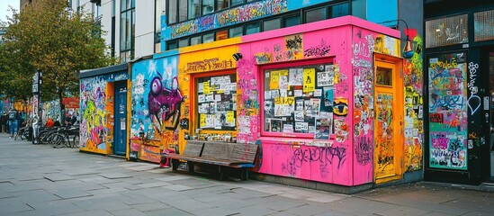 Naklejka premium Colorful graffiti-covered street kiosks and buildings.