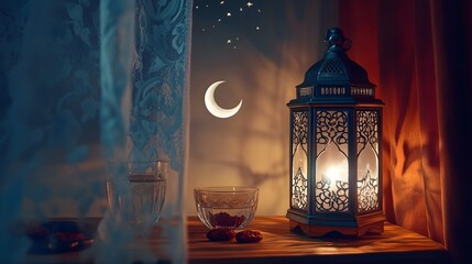 A serene and symbolic representation of Ramadan fasting, featuring a peaceful evening scene with a crescent moon and twinkling stars in a calm, dark sky. A traditional wooden table is set with dates, 