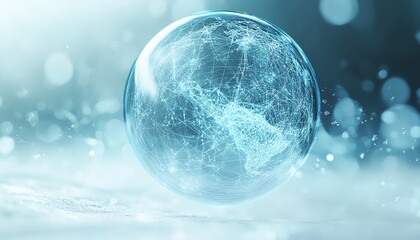 Modern abstract digital globe with radiant global network connections, soft blue holographic glow, glass orb aesthetic, white blur background, UHD