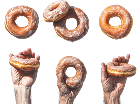 Six Glazed Doughnuts and Two Hands Isolated On A White Background, PNG Transparent