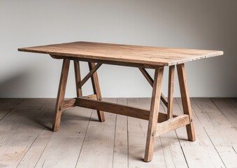A rustic wooden table with a simple, sturdy design, set against a neutral background, showcasing its natural textures and craftsmanship.