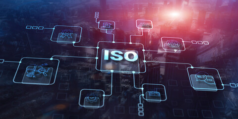 Quality standards ISO business technology concept on city background