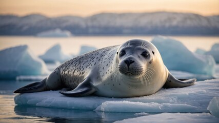 A seal resting on an ice floe in a serene, icy landscape.