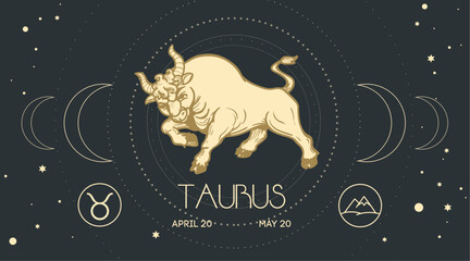 Zodiac sign Taurus in engraving hand drawn style. Retro astrological sign Bull design template. Vector illustration.