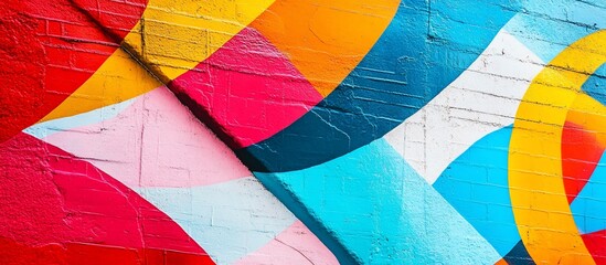 Fototapeta premium Abstract colorful geometric shapes painted on a brick wall.