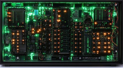 Illuminated circuit board with glowing LEDs and microchips.