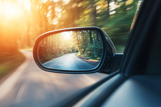 Car side mirror of red car showing street