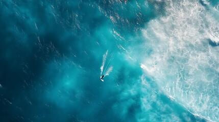 Obraz premium Aerial view of surfer riding a wave in the ocean.