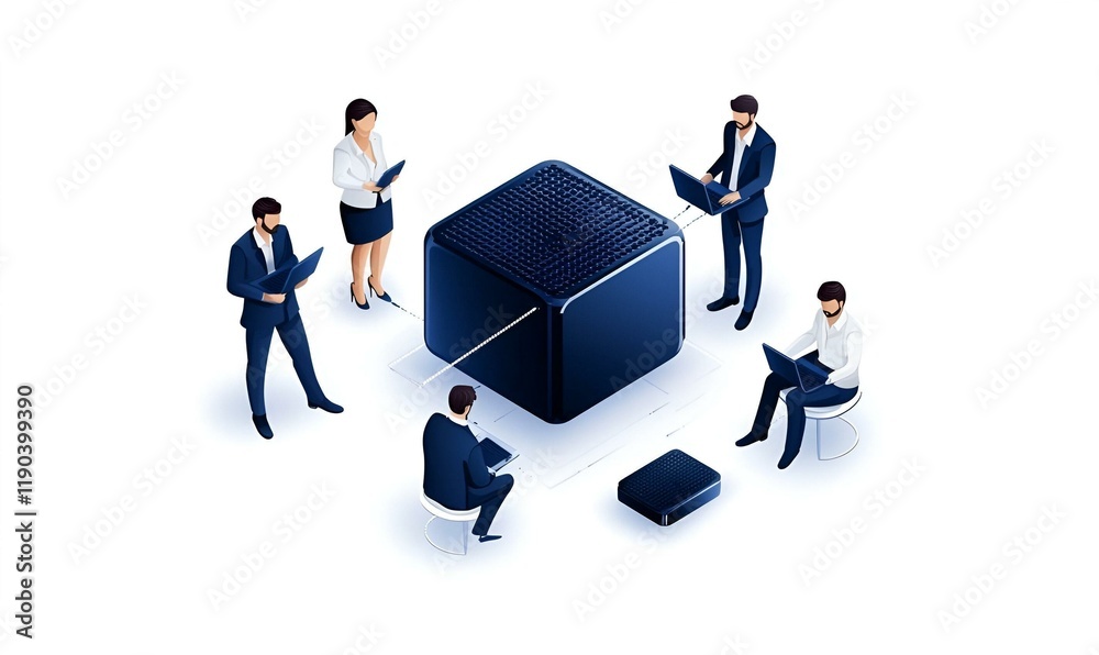 Poster collaborative blockchain development, a diverse team engaged in innovative discussions and coding, f