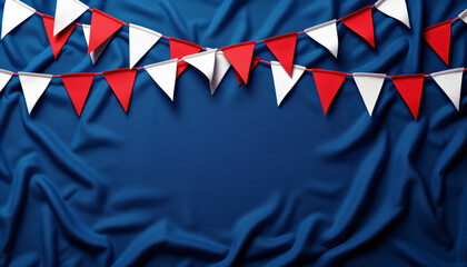 Naklejka premium Colorful bunting flags on a blue fabric background, festive atmosphere, ideal for celebrations and events, copy space 