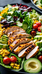 A vibrant salad bowl featuring grilled chicken slices, avocado, cherry tomatoes, corn, and mixed greens. The dish is garnished with fresh vegetables and served with a side of dressing.