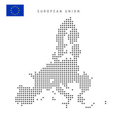Dotted pixel map of European Union. Simple silhouette of EU. Flag of EU. Flat vector illustration isolated on white background.